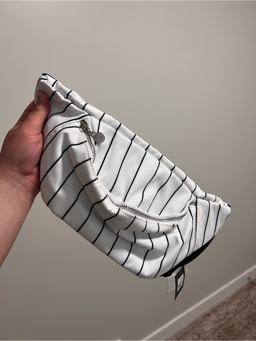 Sommer Ray Striped White Belt Bag with Silver Zipper